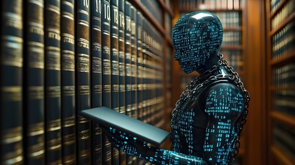 An AI humanoid figure wrapped in chains composed of binary digits, symbolizing the weight of legal responsibility in the evolving digital landscape selective focus, digital justice, surreal, Composite