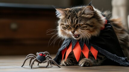 Halloween Cat In A Cape, Fangs Out, Scared Of A Spider Toy