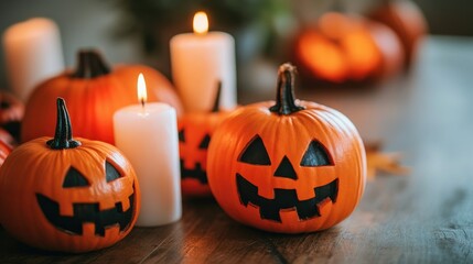 Halloween Pumpkins And Candles On Wooden.