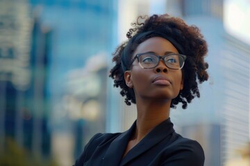 Obraz premium Confident rich black business woman executive standing in modern big city dreaming of future business success
