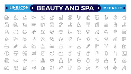 Beauty and Spa line icon set. Containing sauna, aromatherapy, treatment, yoga, skincare and wellness icons. Editable stroke outline icon collection. 
