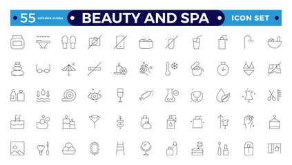 Beauty and Spa line icon set. Containing sauna, aromatherapy, treatment, yoga, skincare and wellness icons. Editable stroke outline icon collection. 
