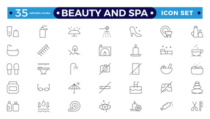 Beauty and Spa line icon set. Containing sauna, aromatherapy, treatment, yoga, skincare and wellness icons. Editable stroke outline icon collection. 
