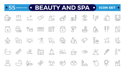 Beauty and Spa line icon set. Containing sauna, aromatherapy, treatment, yoga, skincare and wellness icons. Editable stroke outline icon collection. 
