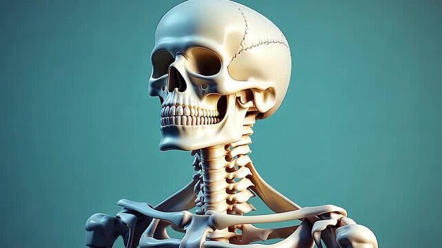Detailed 3D render rotating human skull and neck skeleton on turquoise background for medical study