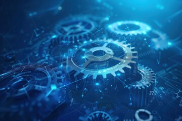 Digital futuristic gears rotation wireframe technology blue background