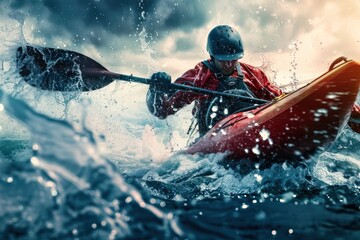 Dynamic image of a kayaker in action, battling intense blue rapids with splashes around