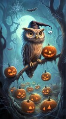 A whimsical owl wearing a witch hat perches among glowing pumpkins in a spooky, moonlit forest setting perfect for Halloween.