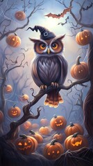 A whimsical owl wearing a witch hat perched among glowing pumpkins in a spooky Halloween forest, perfect for seasonal decor.
