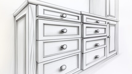 Fototapeta premium A drawing of a dresser with drawers and cabinets, AI