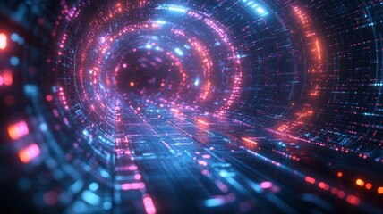 Obraz premium Abstract digital tunnel with glowing lights and patterns.