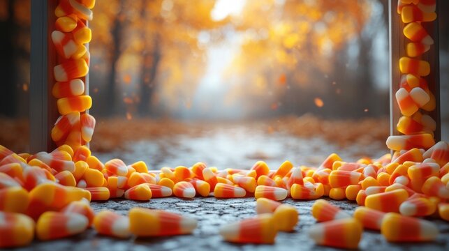 A playful Halloween photo frame with candy corn borders and ghost icons, on a white background