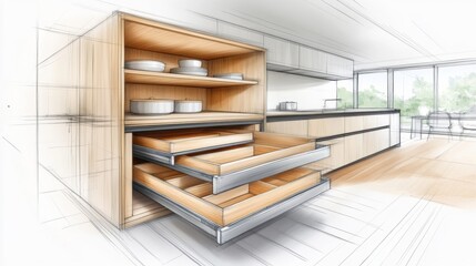 A drawing of a kitchen with drawers and cabinets, AI