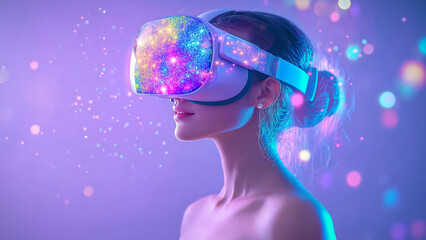 Woman wearing colorful virtual reality headset, futuristic VR technology concept portrait in purple pastel