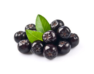 Aronia berries with leaves on white backgrounds