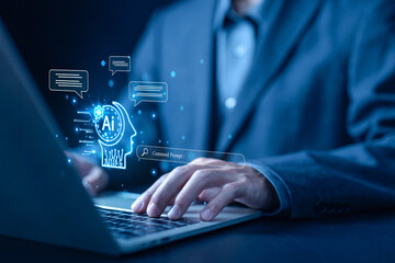 AI generates bot artificial intelligence. Communication is open for chat customers to develop chatbot digital technology—the concept of command prompt information, which is smart robot conversation.