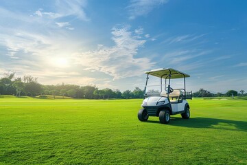 Golf cart on a resort golf course with green grass field and blue sky background, copy space sport banner