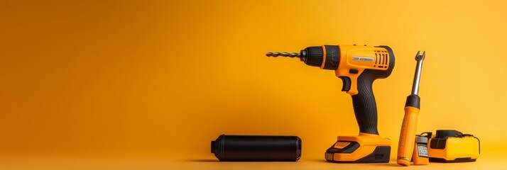 An electric drill with a set of attachments and tools laid out on a vibrant yellow background, ready for use.