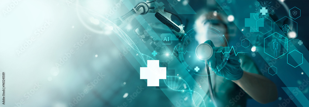 Aufkleber Medical science, digital healthcare innovation technology. Doctor hold stethoscope touch medical data network connecting with smart AI holographic interface to develop accuracy solution for patient.