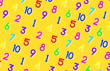 Yellow pattern, seamless pattern with numbers, 3d numbers, yellow background with colorful number, yellow, colorful, happy, school, fun, study, wrapping, paper, fabric, textile, 123