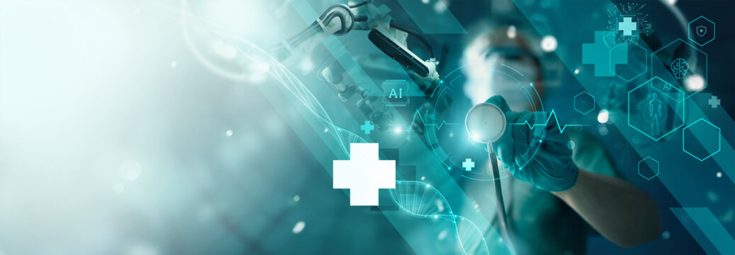 Medical science, digital healthcare innovation technology. Doctor hold stethoscope touch medical data network connecting with smart AI holographic interface to develop accuracy solution for patient.