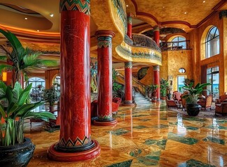 Hotel lobby with red columns and Aztec patterns in the flooring.