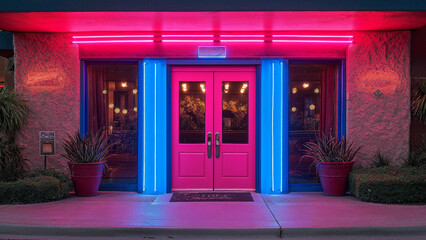 Vintage neon-lit entrance with pink and blue glow, Retro nightclub urban street facade exterior concept lighting