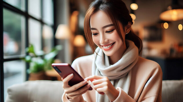 A young woman with a bright smile, using her cell phone in a cozy indoor setting. - Powered by Adobe