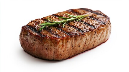 Juicy steak isolated on white background, showcasing seared surface and tender interior.