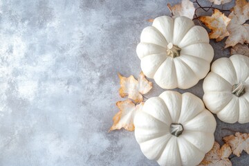 White pumpkins autumn leaves on textured backdrop