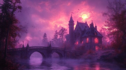A spooky castle with a drawbridge and eerie lighting, perfect for Halloween themes, on a white background