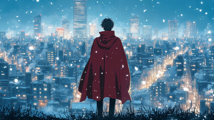 Caped superhero overlooking snowy night cityscape, Dramatic scene of vigilante guardian watching over winter urban landscape