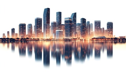 Obraz premium Miami skyline at dusk with illuminated buildings reflecting in the water. The cityscape is set against a white background, highlighting the urban architecture