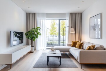 Obraz premium A minimalist, clean living room with a symmetrical design, showcasing modern simplicity and balance. 