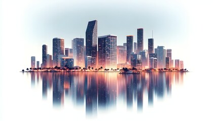Miami skyline at dusk with illuminated buildings reflecting in the water. The cityscape is set against a white background, highlighting the urban architecture