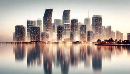 Fototapeta premium Miami skyline at dusk with illuminated buildings reflecting in the water. The cityscape is set against a white background, highlighting the urban architecture