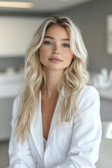 Blonde woman in a white coat, seated in a bright, modern clinic with sleek furnishings