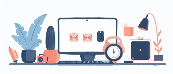 Gadgets for remote work, essential tools, flat design illustration