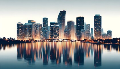 Naklejka premium Miami skyline at dusk with illuminated buildings reflecting in the water. The cityscape is set against a white background, highlighting the urban architecture