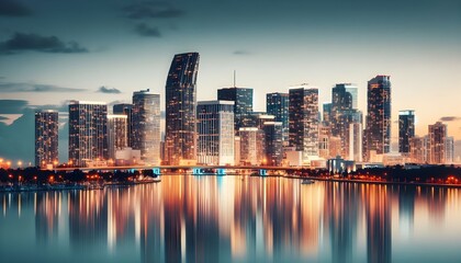 Fototapeta premium Miami skyline at dusk with illuminated buildings reflecting in the water. The cityscape is set against a white background, highlighting the urban architecture