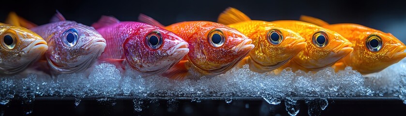 Brightly colored fish on ice, moving along a factory production line