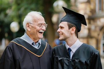 Fototapeta premium Capture a heartwarming scene of a grandfather and graduate standing side by side