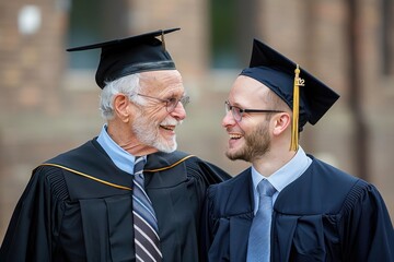 Capture a heartwarming scene of a grandfather and graduate standing side by side