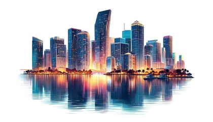 Fototapeta premium Miami skyline at dusk with illuminated buildings reflecting in the water. The cityscape is set against a white background, highlighting the urban architecture