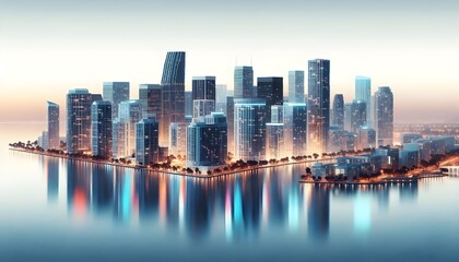 Obraz premium Miami skyline at dusk with illuminated buildings reflecting in the water. The cityscape is set against a white background, highlighting the urban architecture