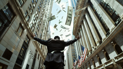 A millionaire man cheers as he throws money into the sky
