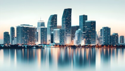 Fototapeta premium Miami skyline at dusk with illuminated buildings reflecting in the water. The cityscape is set against a white background, highlighting the urban architecture