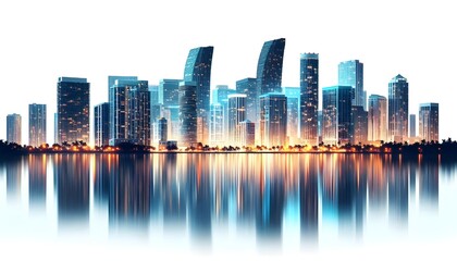 Obraz premium Miami skyline at dusk with illuminated buildings reflecting in the water. The cityscape is set against a white background, highlighting the urban architecture