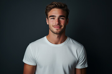 Obraz premium Portrait of handsome, happy young man in white t-shirt on dark background. Studio shot, copy space
