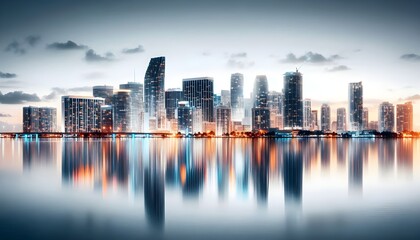 Fototapeta premium Miami skyline at dusk with illuminated buildings reflecting in the water. The cityscape is set against a white background, highlighting the urban architecture